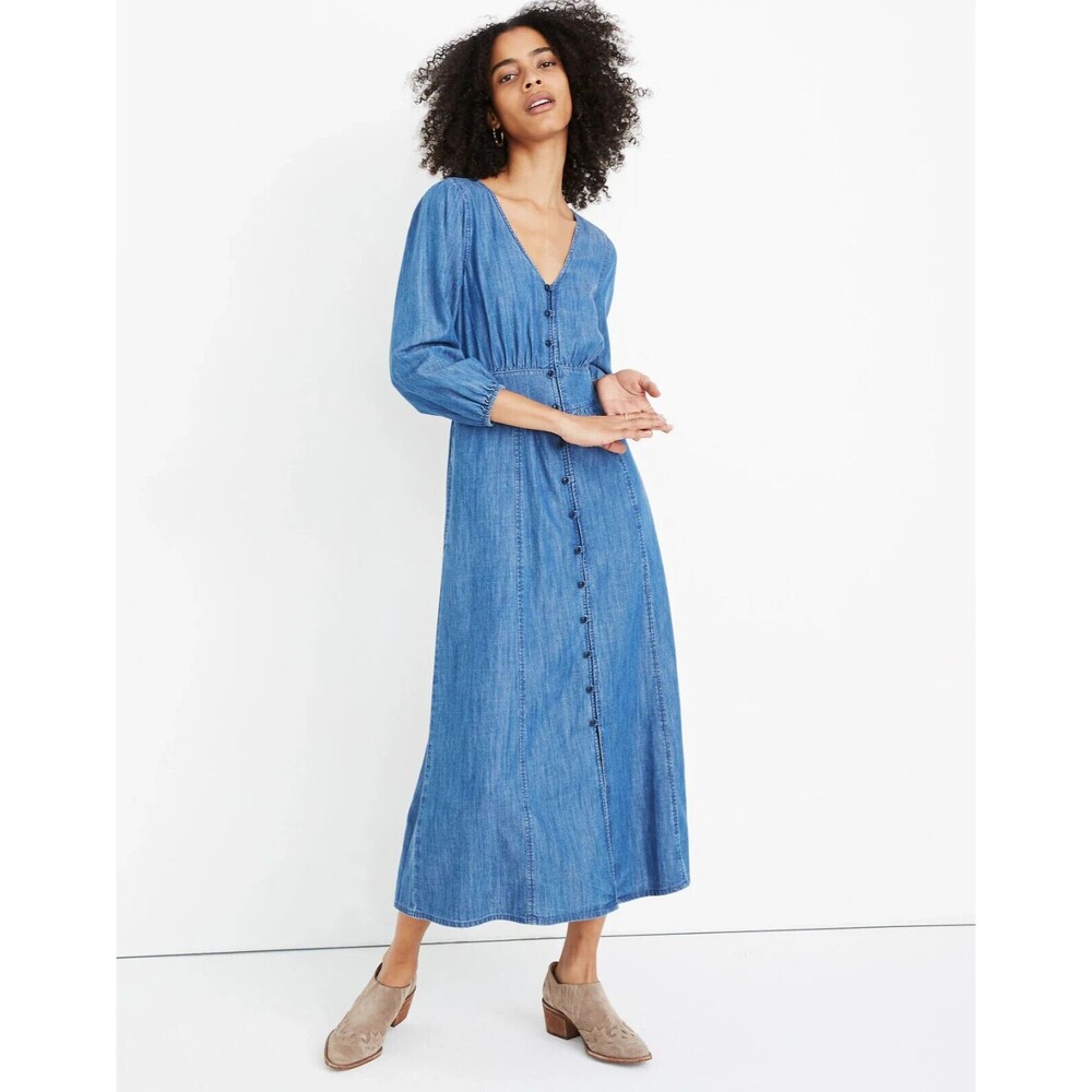 Madewell Denim Pieced-Waist Midi Dress in Mariden Wash Size 12 Women's V Neck